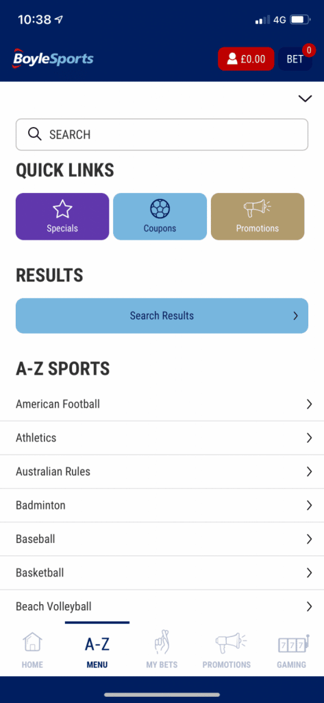 BoyleSports App Search Page